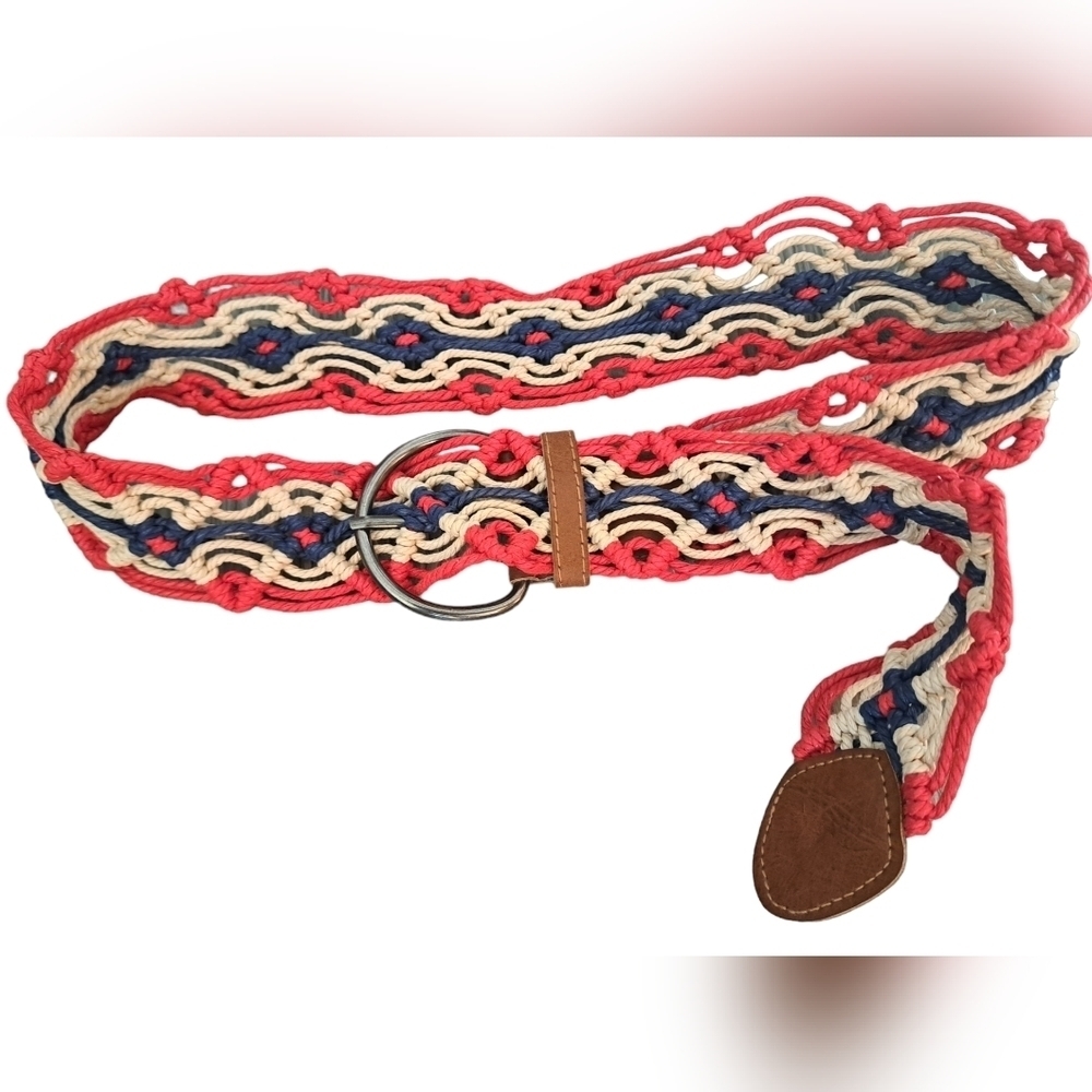 Ladies weaved braided rope belt coastal southwestern aztec red blue adjustable L